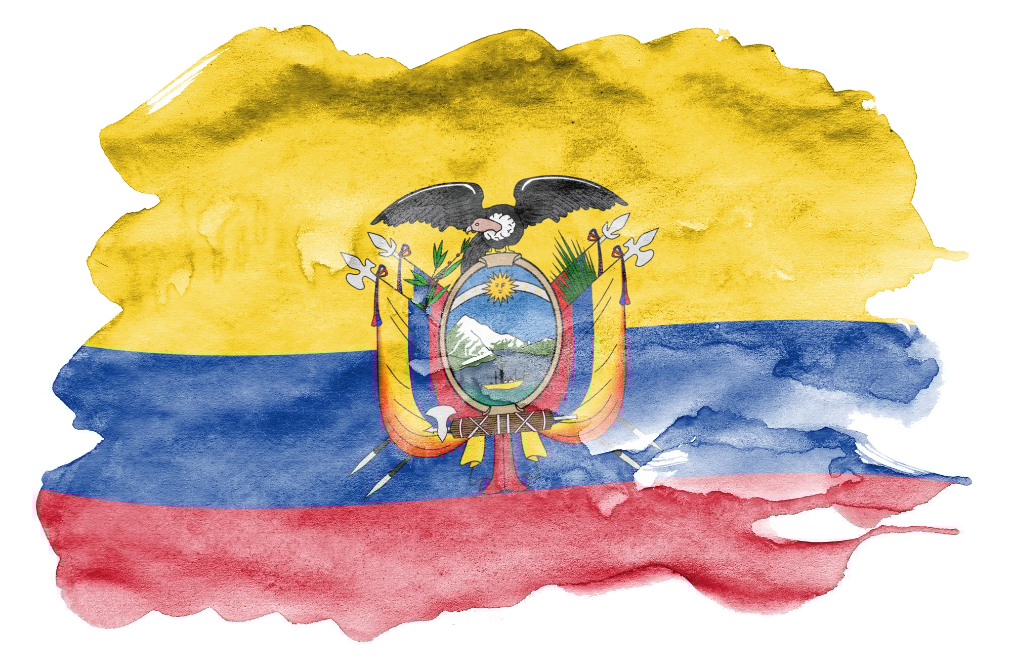 Ecuador flag is depicted in liquid watercolor style isolated on white background